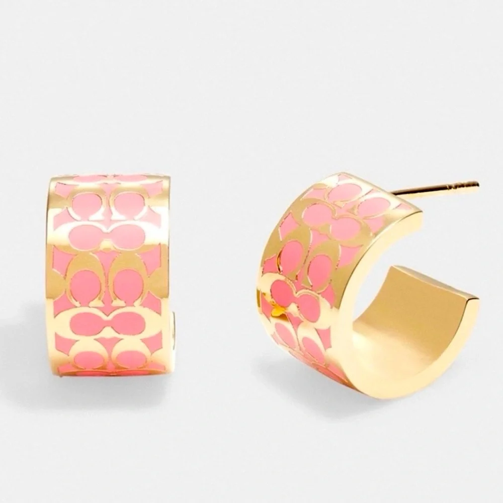 Coach Signature C Pattern Pink and Gold Enamel Huggie Earrings NWT - Picture 3 of 7